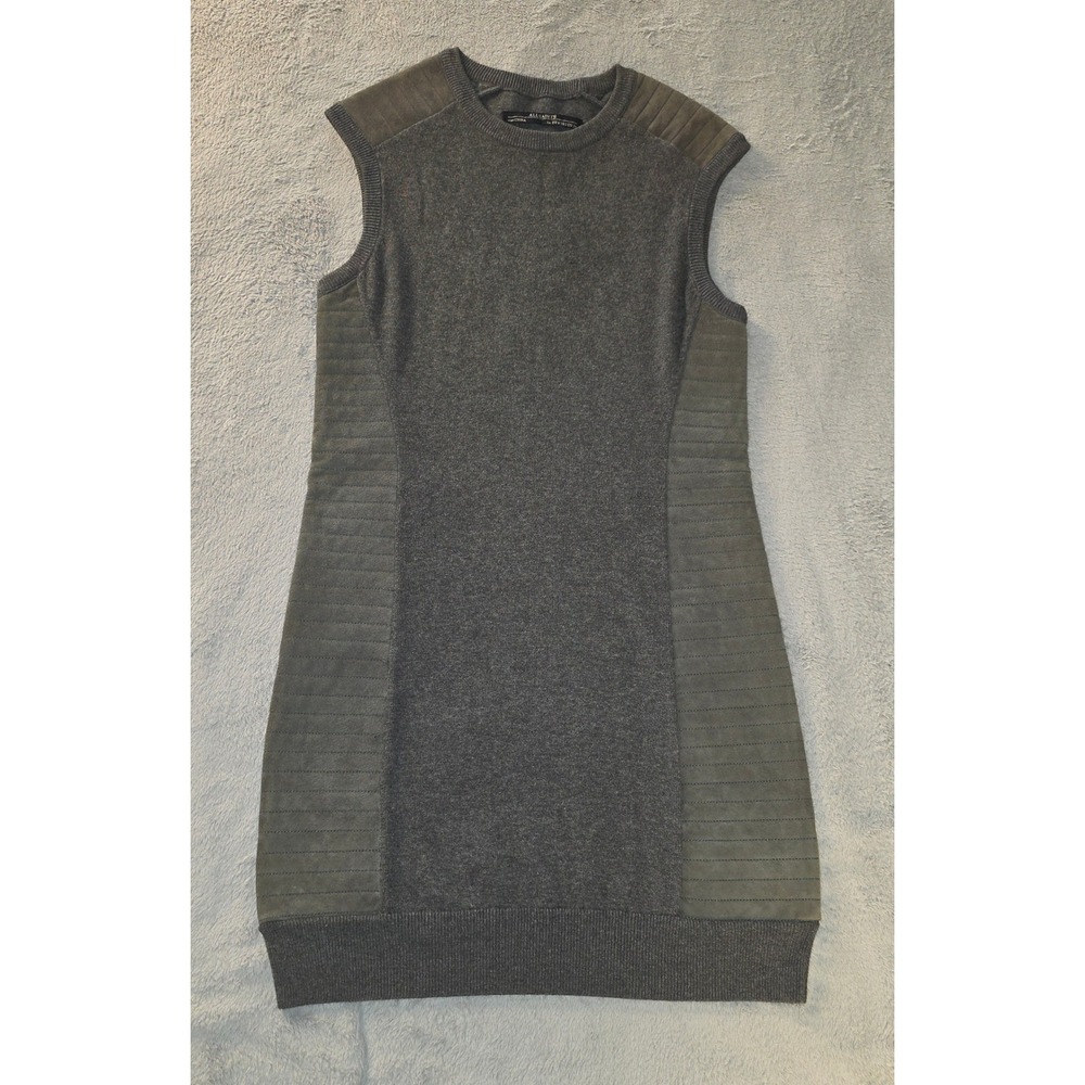 AllSaints Sierre Jumper Dress Gray Cotton Knit Leather Panel Mini Sleeveless 2